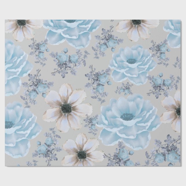 Blau Silber Wasserfarbenfloral Geschenkpapier (Flach)