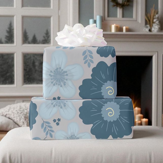 Blau Silber Wasserfarbenfloral Geschenkpapier (Von Creator hochgeladen)