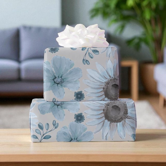 Blau Silber Wasserfarbenfloral Geschenkpapier (Von Creator hochgeladen)