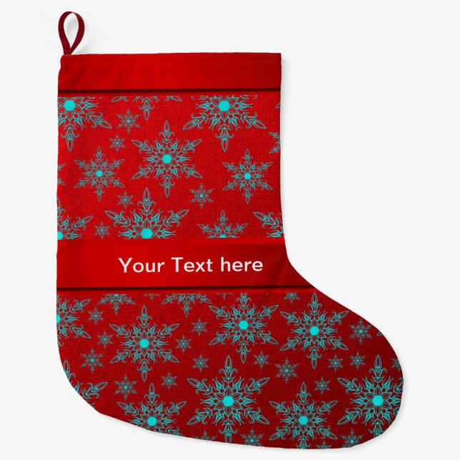 blau, silberfarbene Sterne in Rot und Vorlagentext Großer Weihnachtsstrumpf (Vorderseite)