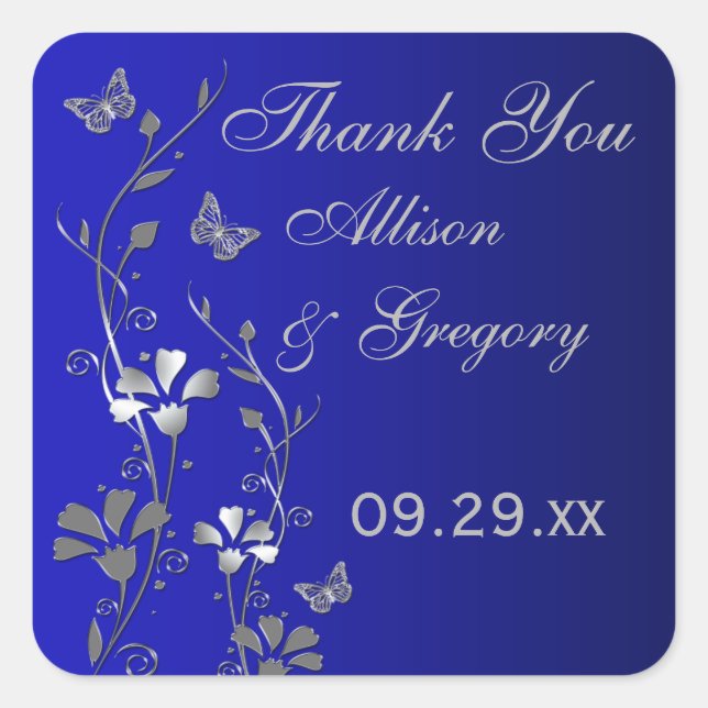 Blau, Silbergraue Blüte mit Schmetterlingsaufklebe Quadratischer Aufkleber (Vorderseite)