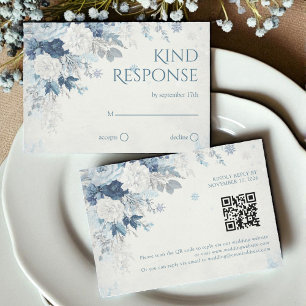 Blau silberne Rose Winter-Blumen-Hochzeits-QR-Code RSVP Karte