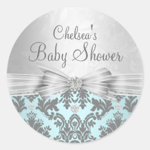 Blau-silberner Damast-Baby-Shower-Aufkleber Runder Aufkleber