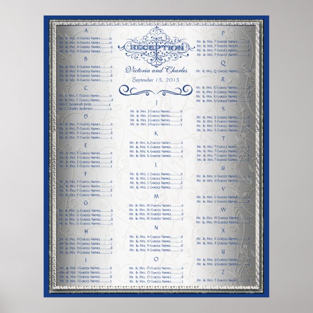 Blau-silbernes Hochzeitsgästesitzplan Poster (Vorne)