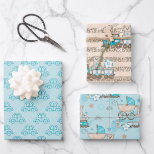 BLAU & TAN WATERCOLOR BABY BOY CARS TRAINS BEARS GESCHENKPAPIER SET