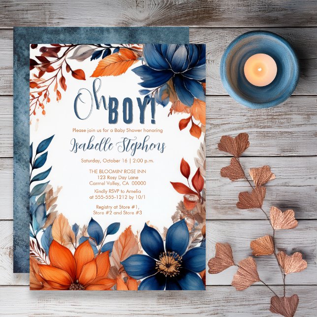 Blau | Terracotta Oh Boy Fall Floral Baby Dusche Einladung (Boho Blue and Terracotta Fall |  Autumn Floral "Oh Boy!" Baby Shower Invitation - Print | Digital)