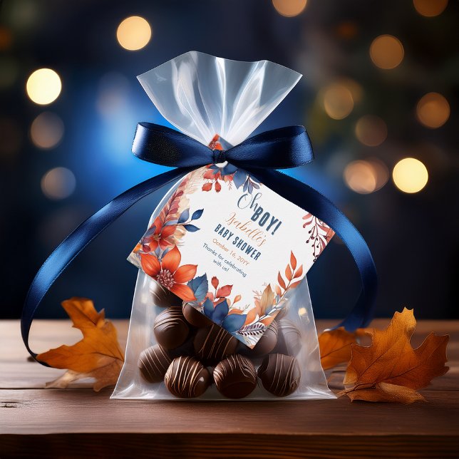 Blau | Terracotta Oh Boy Fall Floral Baby Dusche Geschenkanhänger (Boho Blue and Terracotta Fall |  Autumn Floral "Oh Boy!" Baby Shower Square Favor Tags)