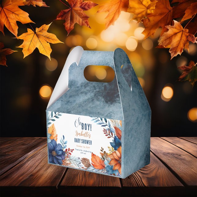 Blau | Terracotta Oh Boy Fall Floral Baby Dusche Geschenkschachtel (Boho Blue and Terracotta Fall |  Autumn Floral "Oh Boy!" Baby Shower Gabled Favor Box)