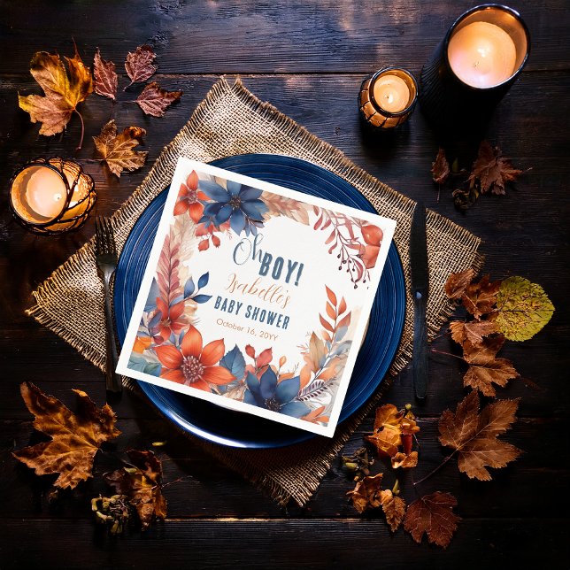 Blau | Terracotta Oh Boy Fall Floral Baby Dusche Serviette (Boho Blue and Terracotta Fall |  Autumn Floral "Oh Boy!" Baby Shower Paper Napkins)