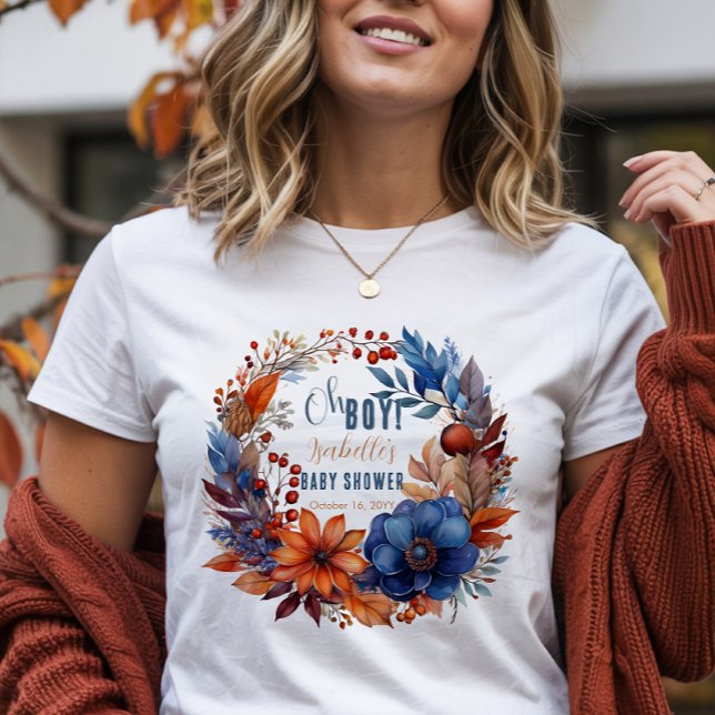 Blau | Terracotta Oh Boy Fall Floral Baby Dusche Tri-Blend Shirt (Blue Terracotta "Oh Boy" Fall Floral Baby Shower T-shirt)