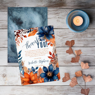 Blau Terrakotta-Junge Herbst-Blumen-Baby-Party Dankeskarte