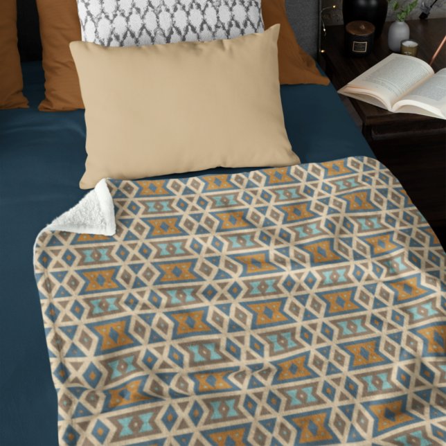Blau Türkis Aquamarin Orange Brown Tribal Muster Fleecedecke (Von Creator hochgeladen)