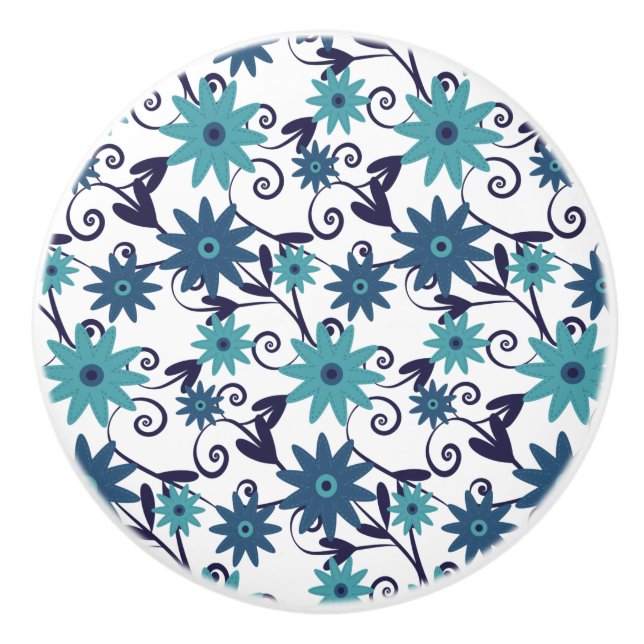 Blau-Türkis-Blumenmuster Keramikknauf (Vorderseite)
