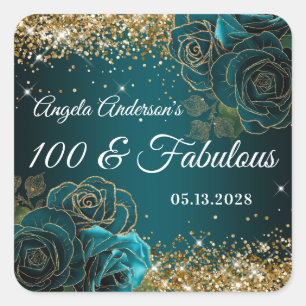 Blau Türkis Floral Gold Glitter Glam 100 & Fantast Quadratischer Aufkleber