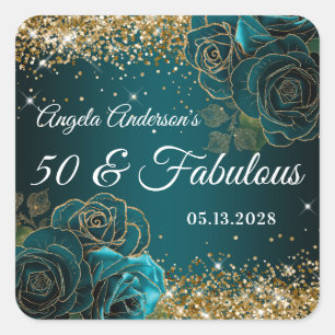 Blau Türkis Floral Gold Glitter Glam 50 & Fantasti Quadratischer Aufkleber