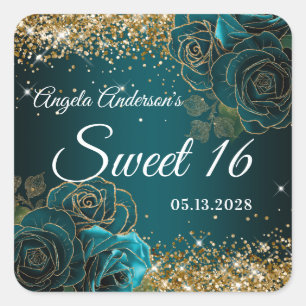Blau Türkis Floral Gold Glitter Glam Sweet 16 Quadratischer Aufkleber