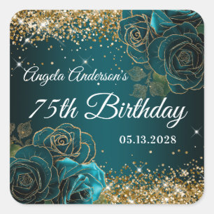 Blau Türkis Florales Gold Glitter Glam 75. Geburts Quadratischer Aufkleber