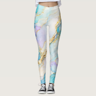 Blau Türkis Lila Gold Abstrakte Florale Marmorieru Leggings