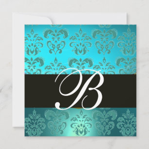 BLAU TURKOIS SCHWARZ DAMAST MONOGRAMM , aquamarin Einladung