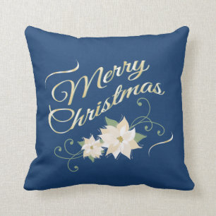 Blau-u. Goldfrohe Weihnachten u. weiße Poinsettia Kissen
