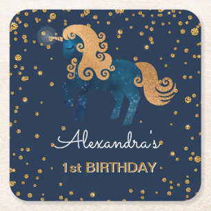 Blau-u. Goldscheinconfetti-Einhorn-1. Geburtstag Rechteckiger Pappuntersetzer