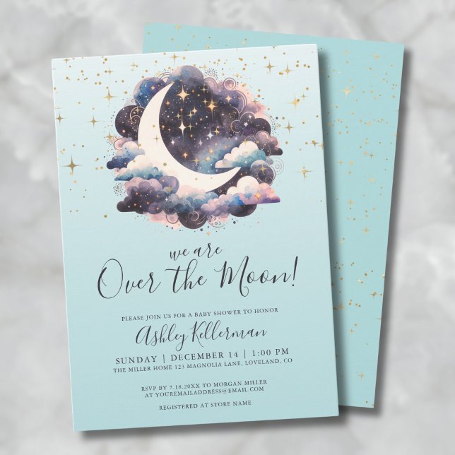 Blau über der Mond Babydusche Einladung (Blue Over The Moon Baby Shower Invitation)
