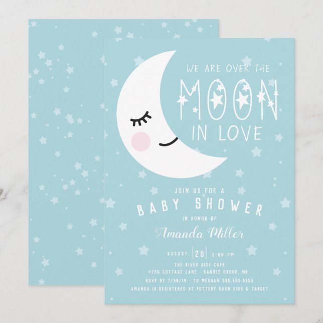 Blau über der Moon Boy Baby Dusche Einladung (Vorne/Hinten)