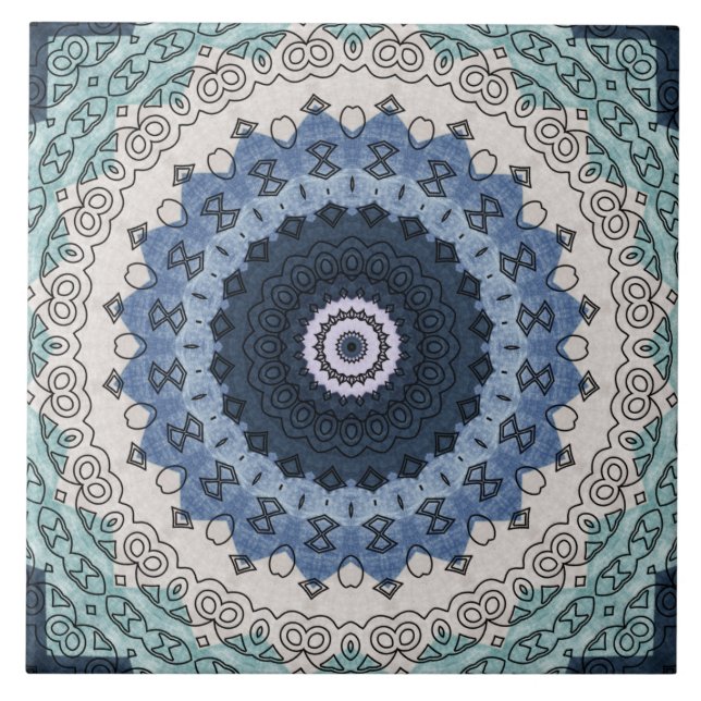 Blau und Aquamarin Mandala mit geometrischer Symme Fliese (Vorderseite)