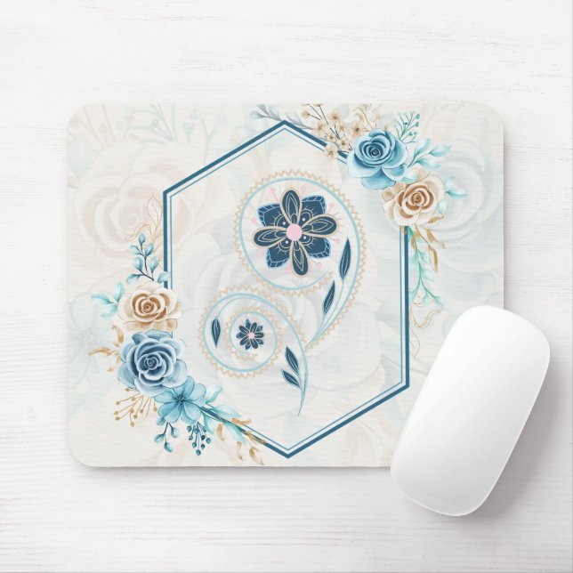 Blau und Aquamarine Blumengrafik, "Leben beleben" Mousepad (Mit Mouse)