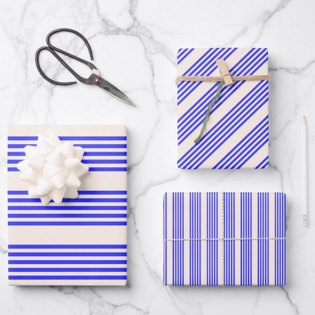 Blau und Beige, fünf Streifen Geschenkpapier Set (Vorderseite)