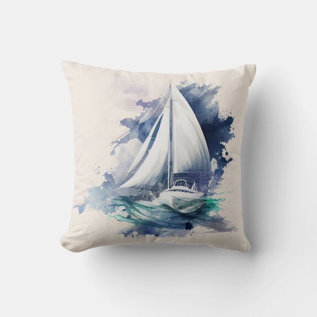 Blau und Beige Sailboat Kissen Kissen (Vorderseite)
