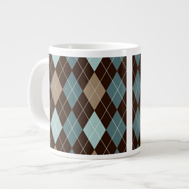 Blau und Brown-Rauten-Mode-Muster Jumbo-Tasse (Vorderseite Links)