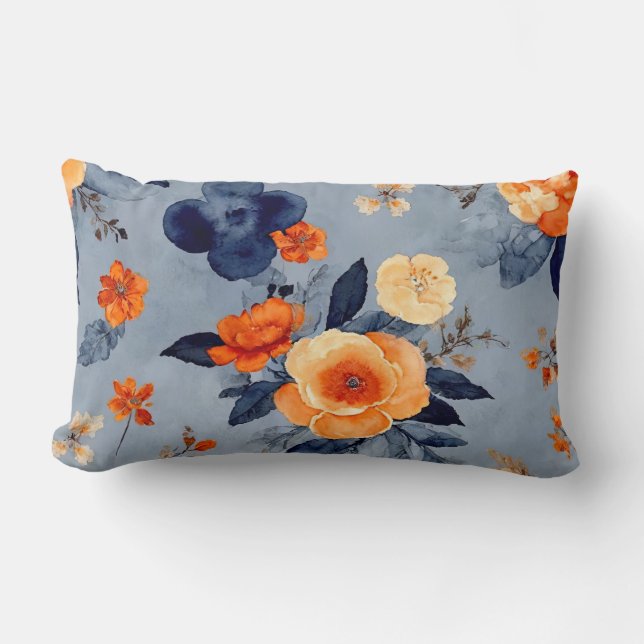 Blau und Burnt Orange Bauernhof Blumen Lendenkissen (Vorderseite)