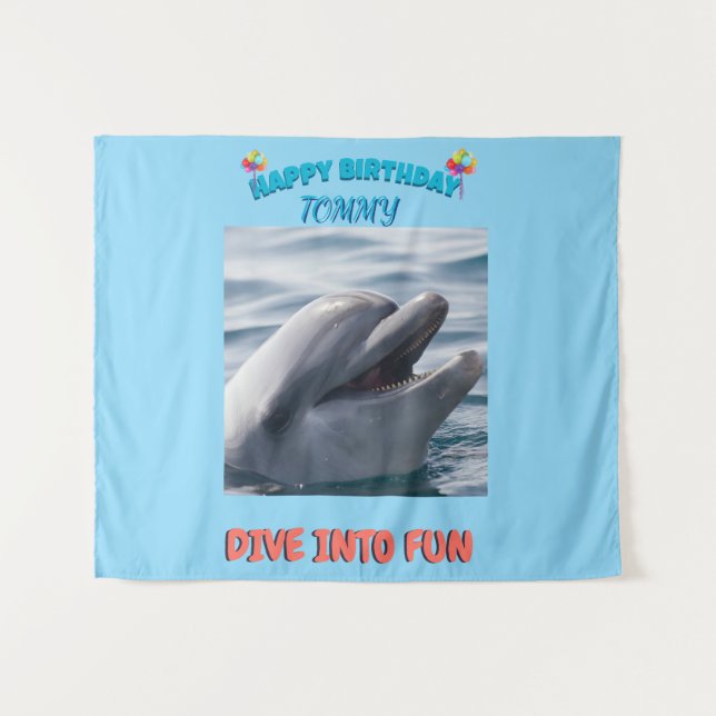 Blau und Coral Dolphin Birthday Splash Wandteppich (Vorderseite (Horizontal))