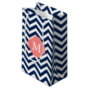 Blau und Coral Zigzag Muster Monogram Kleine Geschenktüte