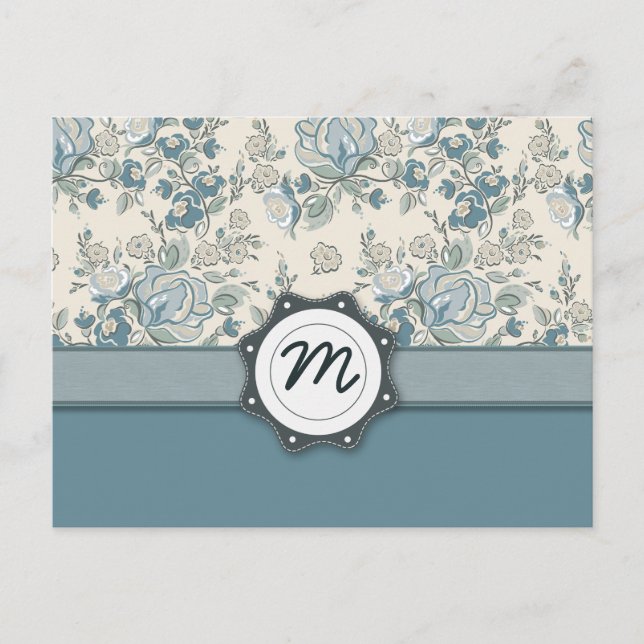 Blau-und Creme-Rose mit Monogramm Postkarte (Vorderseite)