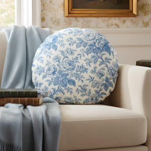 Blau- und cremefarbene Blumen-Toile de Jouy Rundes Kissen
