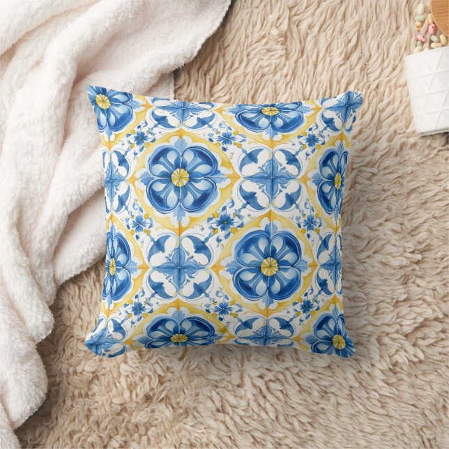 💛💙 Blau und Gelb, Aquarellblüten Azulejos Kissen (Decke)