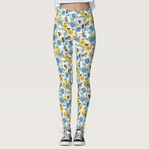 Blau und Gelb Blüte mit Bienen weiß Leggings