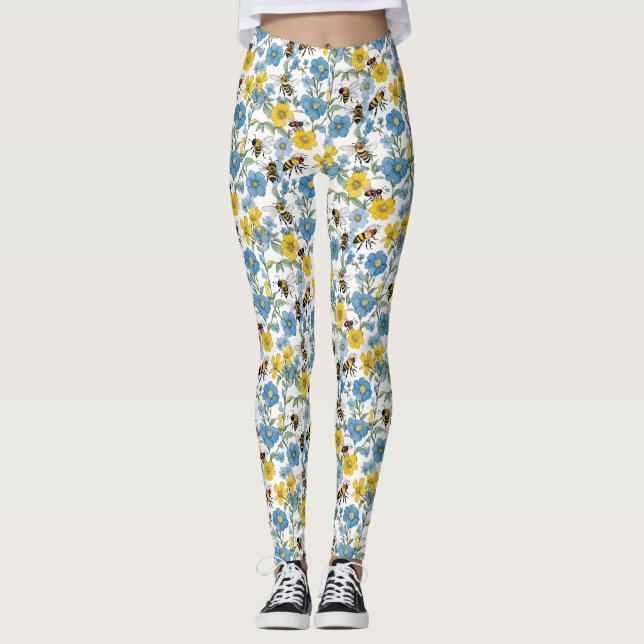 Blau und Gelb Blüte mit Bienen weiß Leggings (Vorderseite)