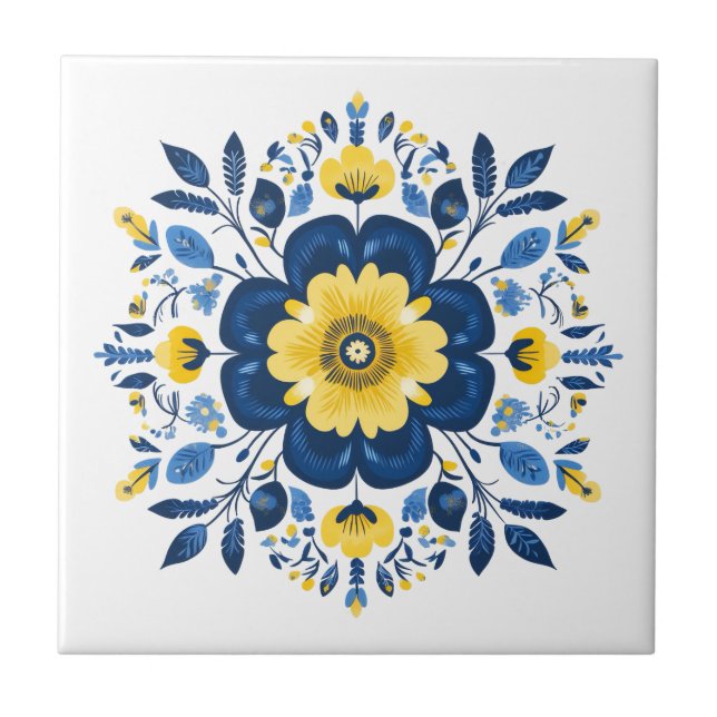 Blau und Gelb floral  Fliese (Vorderseite)