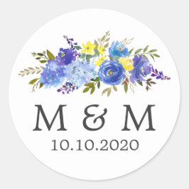 Blau und Gelb | Floral Wedding Classic Monogram Runder Aufkleber