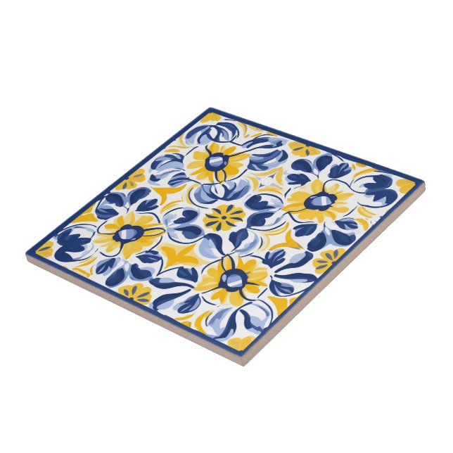 💛, blau und gelb, florale Azulejos Fliese (Seite)