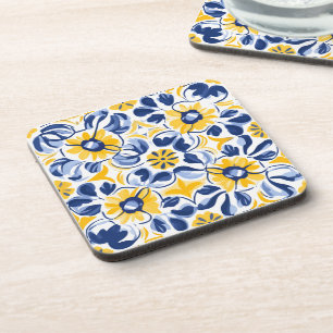 💛, blau und gelb, florale Azulejos Getränkeuntersetzer