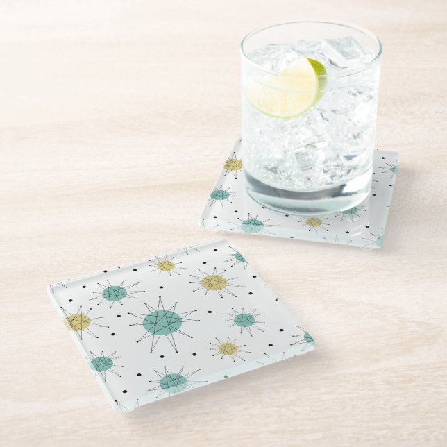 Blau und Gelb Franziskanische Sternexplosion Mitte Glasuntersetzer (Schrägansicht)