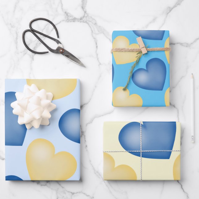 Blau und Gelb. Herz. Liebe Geschenkpapier Set (Vorderseite)