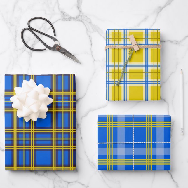 Blau und Gelb Kariert Geschenkpapier Set (Vorderseite)