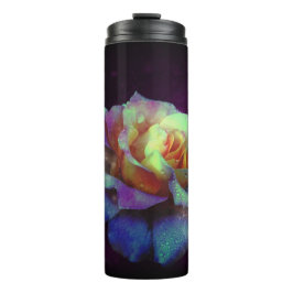 Blau und Gelb Tau Kissende Rose auf Violetsmoke Thermosbecher