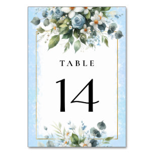Blau und Gold Elegante Blumen Rustikale Wasserfarb Tischnummer