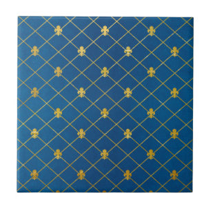 Blau und Gold. Fleur De Lis. Fliese